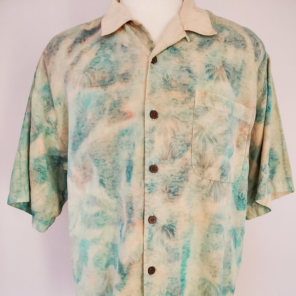 Painted Tommy bahama silk shirt blue beige yellow green tropical palm tie dye XL